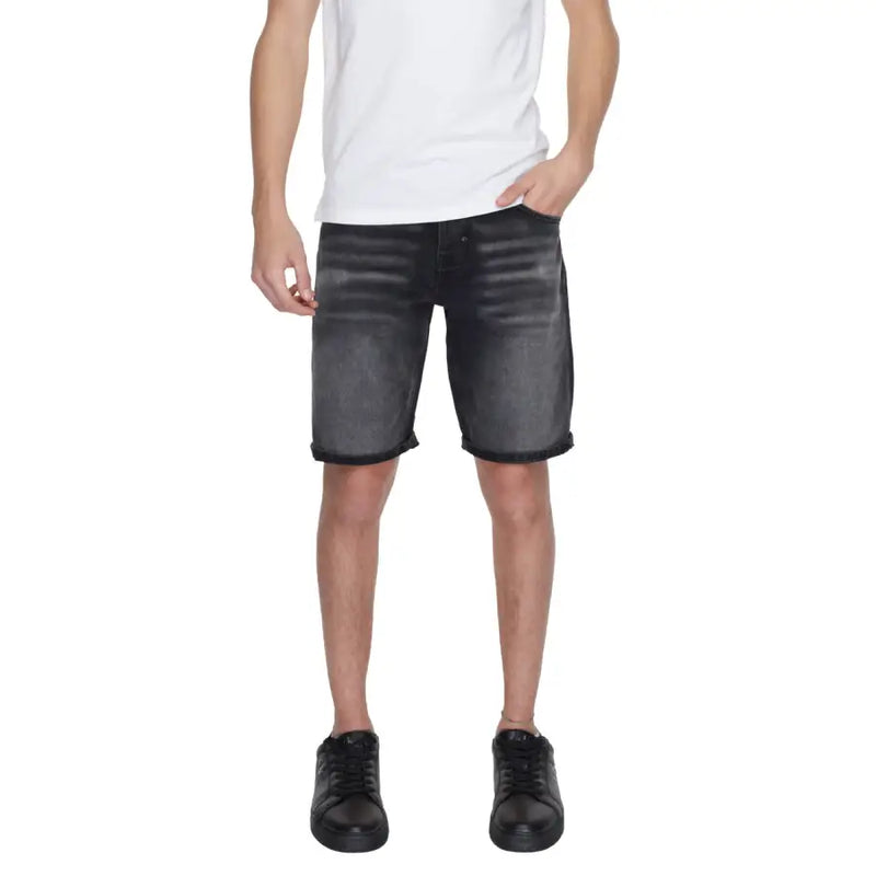 Antony Morato men’s black cotton denim shorts with faded distressed look and rolled cuffs