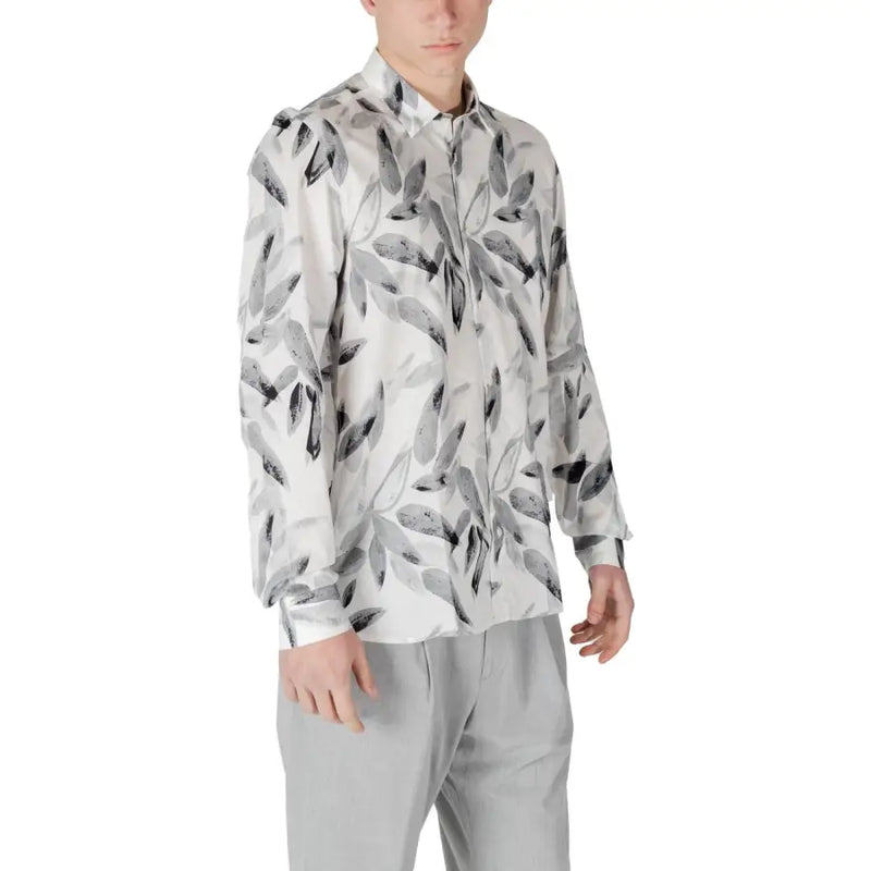 Men’s white long-sleeve button-up shirt with gray leaf floral pattern by Antony Morato