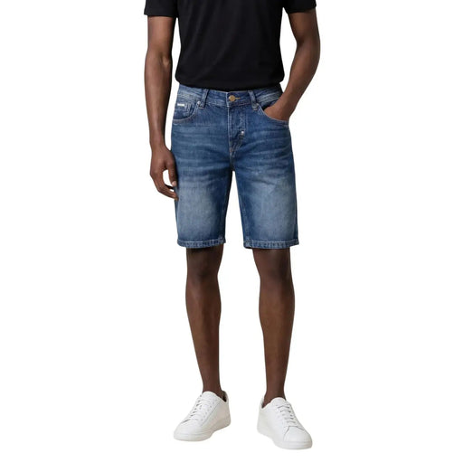 Antony Morato shorts for men in blue denim with faded wash and five-pocket design, front view