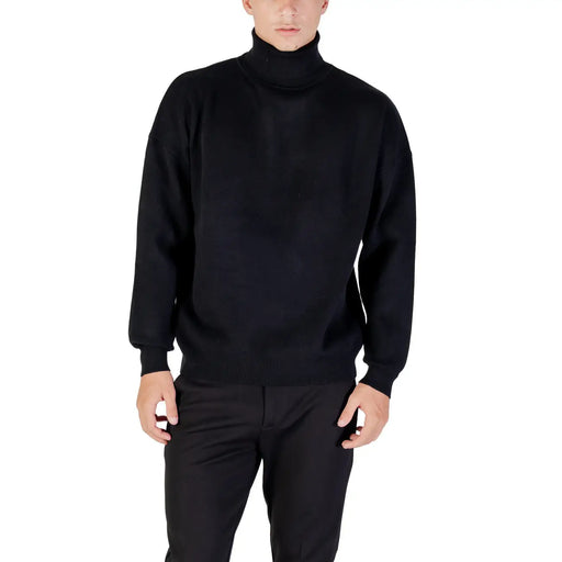 Antony Morato turtleneck sweater for men in black with smooth fitted knit texture, front view