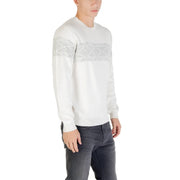 Antony Morato white knit sweater with subtle gray geometric pattern on chest and sleeves in round neck design