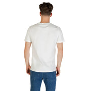 Person wearing Antony Morato white printed cotton short sleeve crew-neck t-shirt and blue jeans from behind