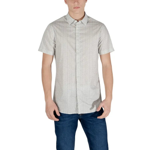 Men’s beige geometric short-sleeve collared button-up shirt from Armani Exchange