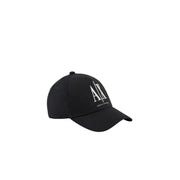 Black baseball cap with white logo and adjustable strap.