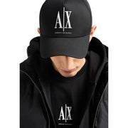 Black armani exchange baseball cap with white logo and text.