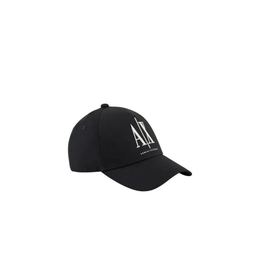 Black armani exchange baseball cap for men in premium cotton with white embroidered logo and brand name