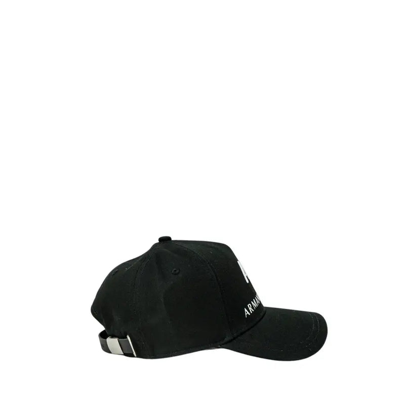 Black baseball cap with white logo and strap, armani exchange brand.
