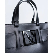 Armani Exchange black faux leather tote bag with shoulder strap and glossy black logo plaque on front
