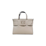 Armani Exchange beige leather handbag with black handles and logo plaque