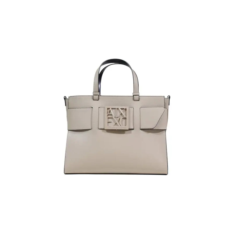 Armani Exchange beige leather handbag with black handles and logo plaque