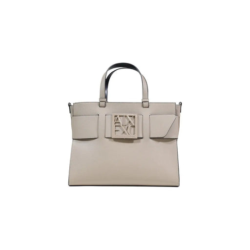 Armani Exchange beige leather handbag with black handles and logo plaque