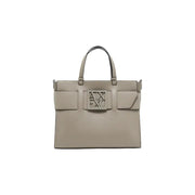 Armani Exchange taupe leather tote with metallic logo plaque