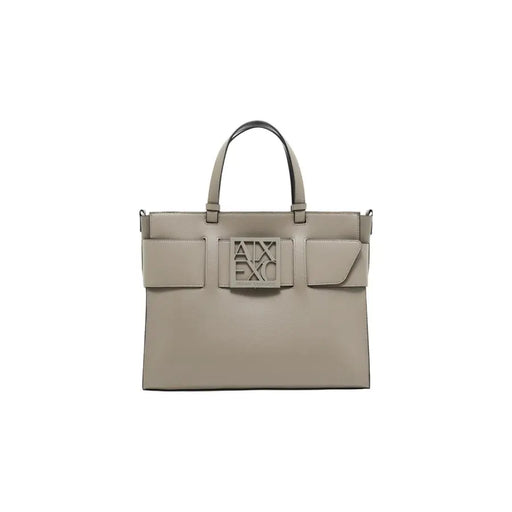 Armani Exchange taupe leather tote with metallic logo plaque