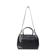 Armani Exchange black textured leather handbag with sleek minimalist design and silver-tone ajx logo on front