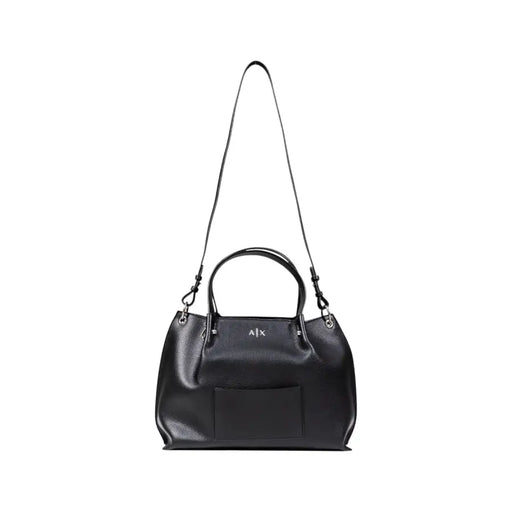 Armani Exchange black textured leather handbag with sleek minimalist design and silver-tone ajx logo on front