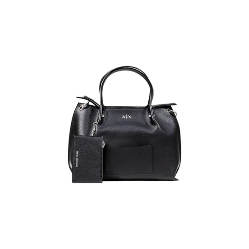 Armani Exchange black textured leather handbag with top handles and matching card holder for stylish organization