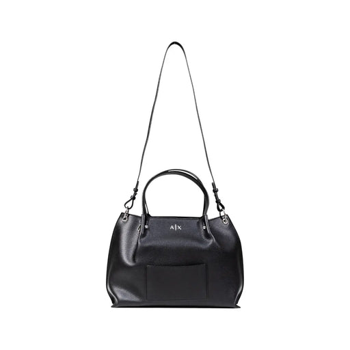 Armani Exchange black textured leather handbag with sleek minimalist design and silver-tone ajx logo on front