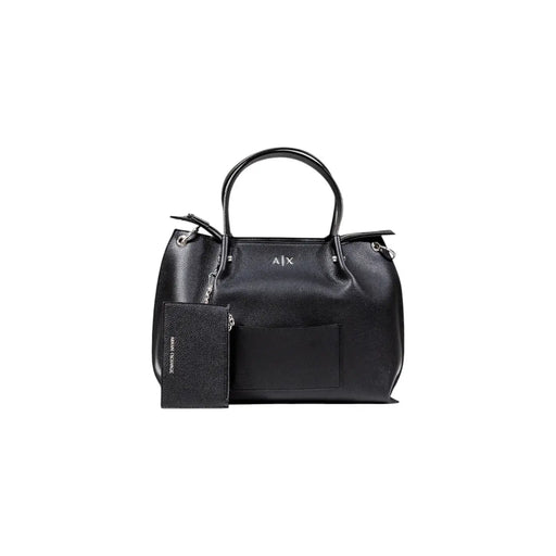 Armani Exchange black textured leather handbag with top handles and matching card holder for stylish organization