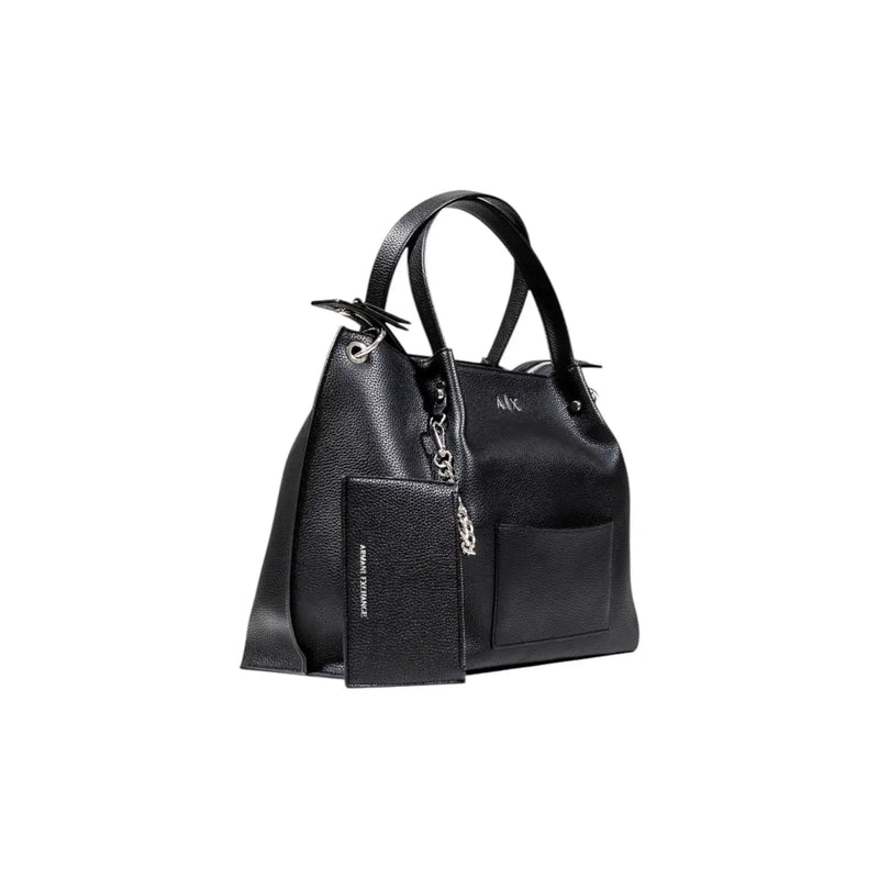 Armani Exchange black textured leather handbag with matching wallet attached by chain and inner pouch