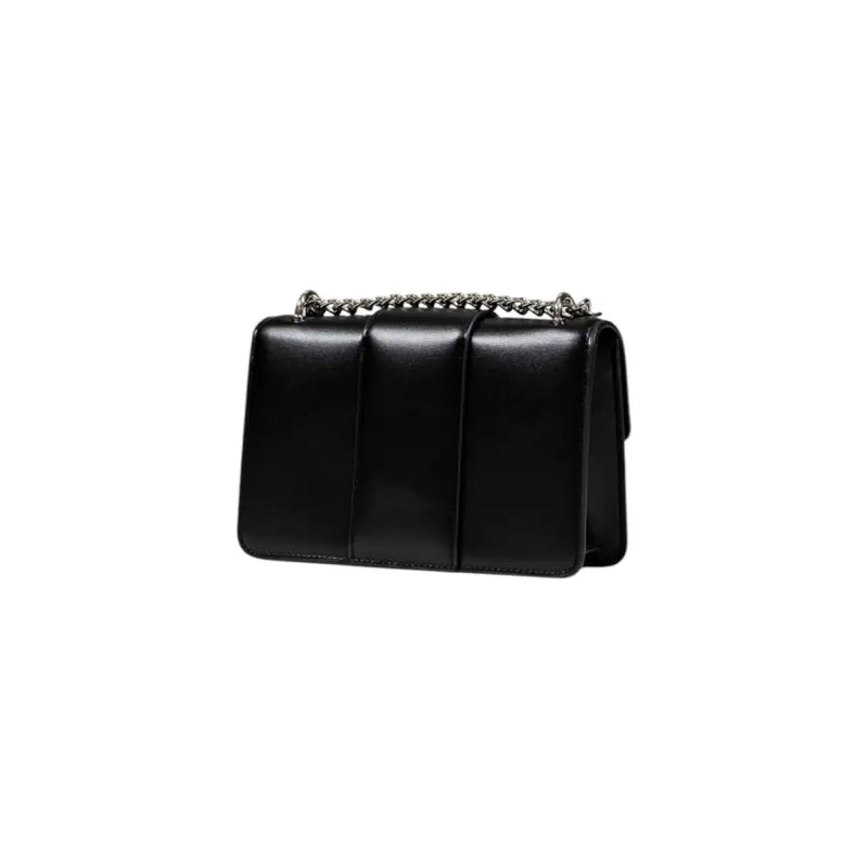Armani Exchange black leather crossbody bag with silver chain strap vertical stitching and inside pocket
