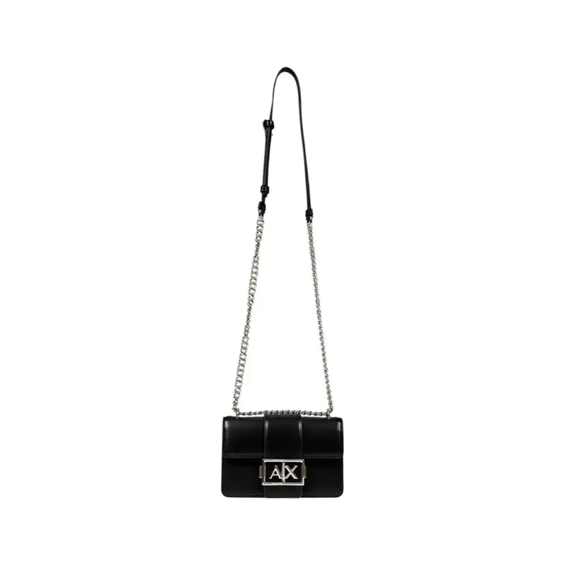 Armani Exchange black leather crossbody bag with silver chain strap and ax logo clasp featuring inside pocket