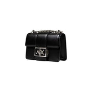 Armani Exchange black leather handbag with silver chain strap and prominent AX logo clasp featuring inside pocket