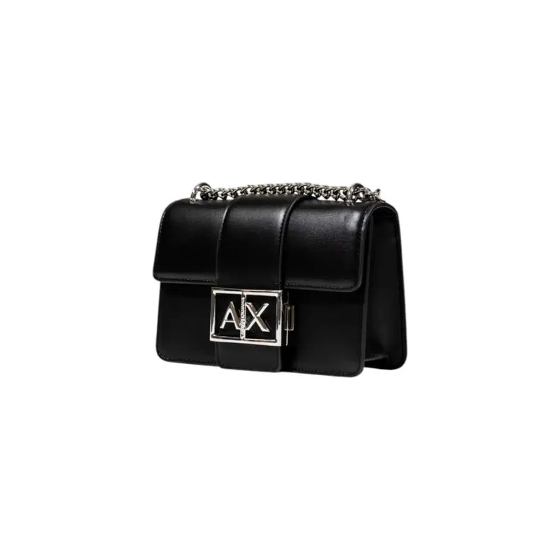 Armani Exchange black leather handbag with silver chain strap and prominent AX logo clasp featuring inside pocket