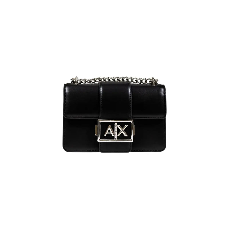 Armani Exchange black leather crossbody bag with silver chain strap logo clasp and inside pocket for daily use