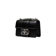 Armani Exchange black leather handbag with silver chain strap and prominent AX logo clasp featuring inside pocket