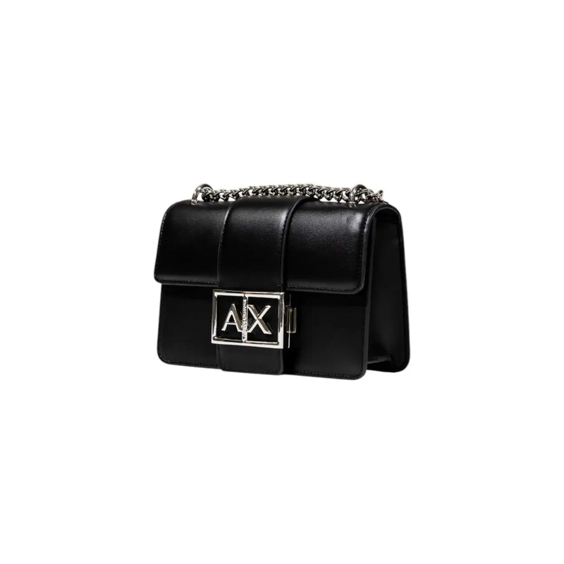 Armani Exchange black leather handbag with silver chain strap and prominent AX logo clasp featuring inside pocket