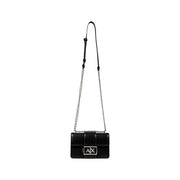 Armani Exchange black leather crossbody bag with silver chain strap and ax logo clasp featuring inside pocket