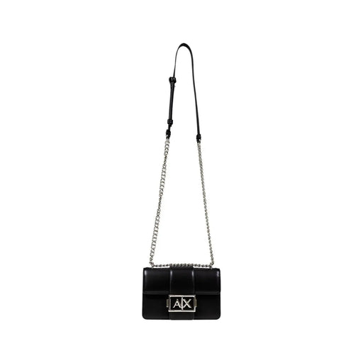 Armani Exchange black leather crossbody bag with silver chain strap and ax logo clasp featuring inside pocket