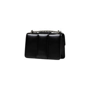 Armani Exchange black leather crossbody bag with silver chain strap vertical stitching and inside pocket