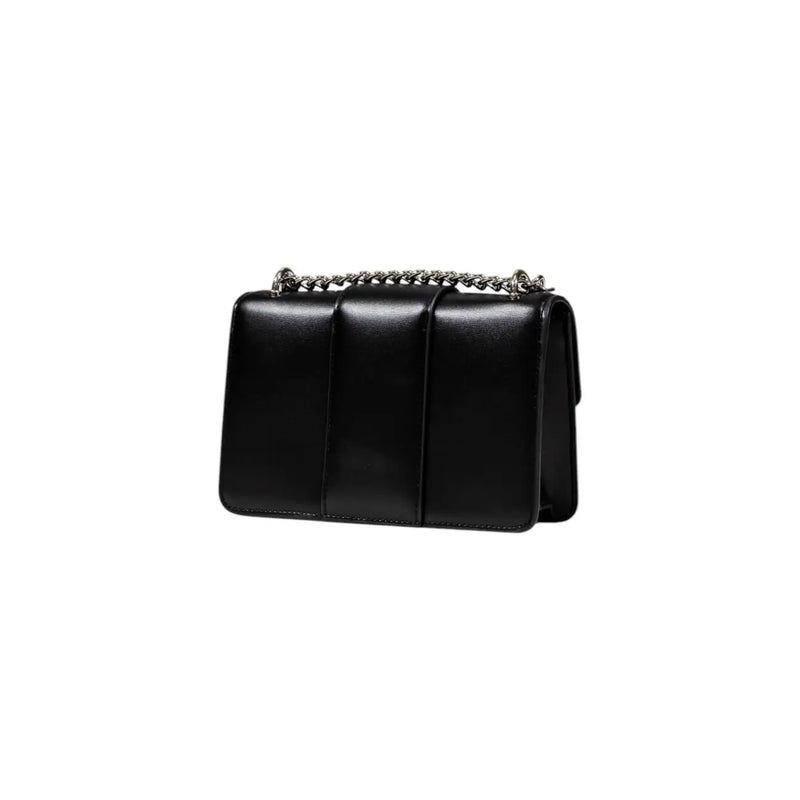 Armani Exchange black leather crossbody bag with silver chain strap vertical stitching and inside pocket
