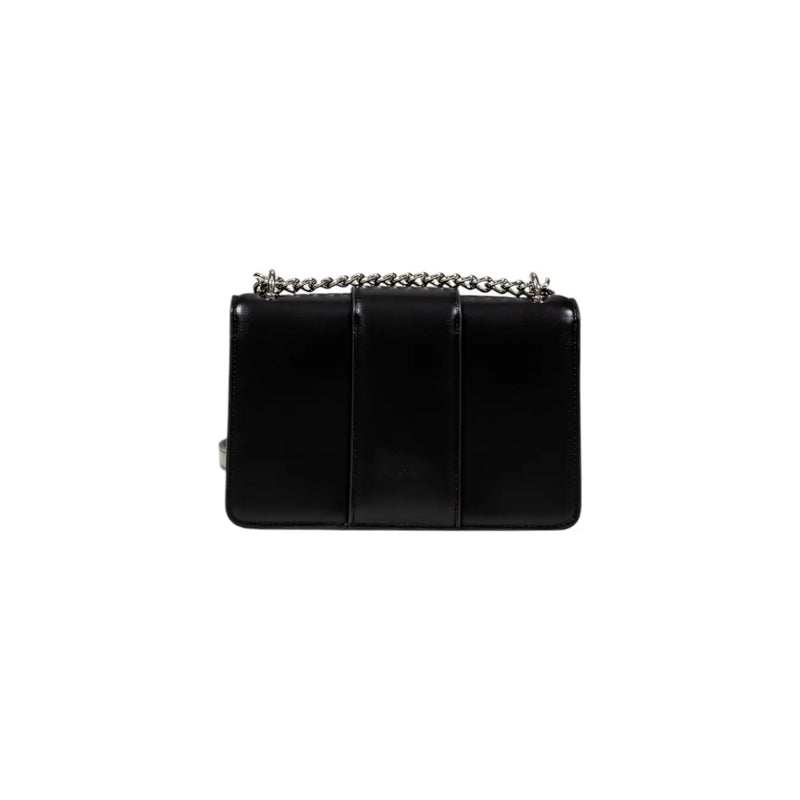 Armani Exchange black patent leather crossbody bag with silver chain strap and three vertical panel design with inside pocket