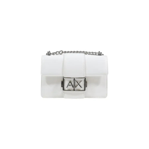White glossy Armani Exchange crossbody bag with silver chain strap