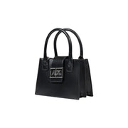 Armani Exchange black leather handbag with silver-tone ax logo clasp and dual top handles with shoulder strap