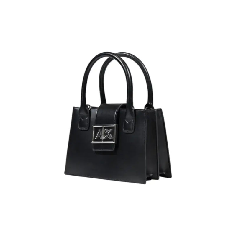 Armani Exchange black leather handbag with silver-tone ax logo clasp and dual top handles with shoulder strap