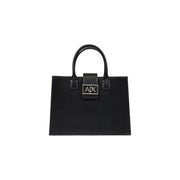 Armani Exchange black leather handbag with silver ax logo plaque and curved top handles with shoulder strap