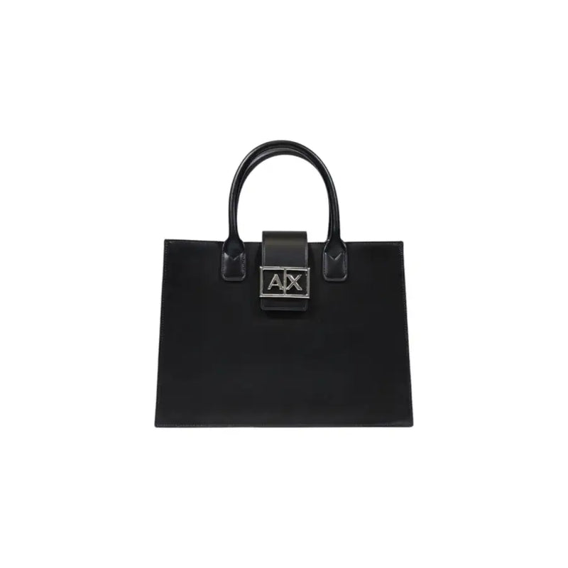 Armani Exchange black leather handbag with silver ax logo plaque and curved top handles with shoulder strap