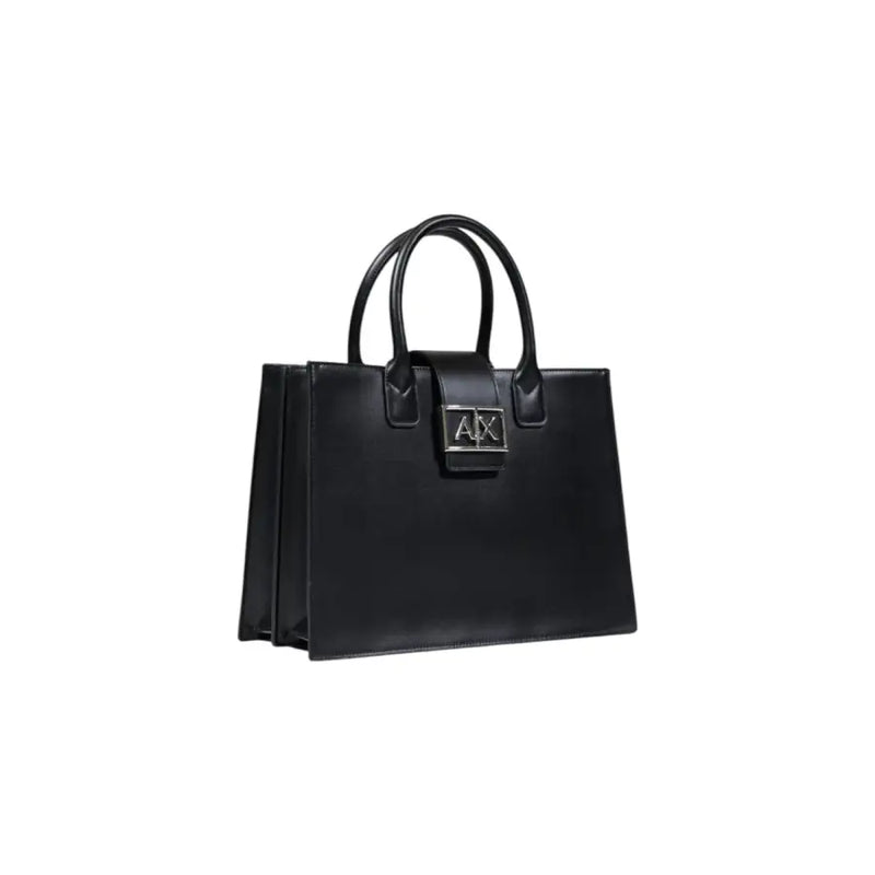 Armani Exchange black leather handbag with shoulder strap and silver AX logo plaque on the front