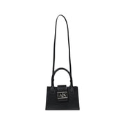 Armani Exchange black leather mini handbag with silver ax logo plaque and matching shoulder strap