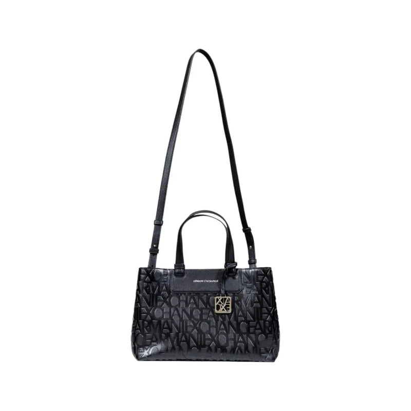 Armani Exchange black leather handbag with embossed exchange logo pattern and gold-tone hardware shoulder strap