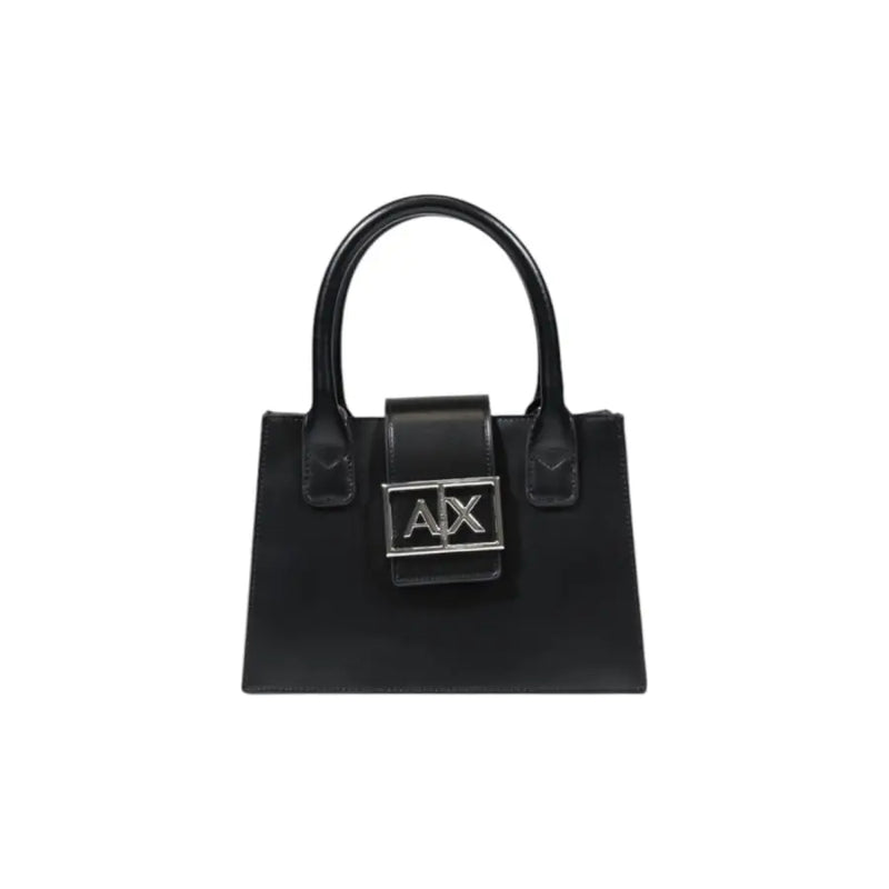 Armani Exchange black leather handbag with shoulder strap featuring a silver ax logo clasp on the front side