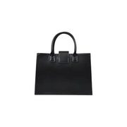 Armani Exchange black leather tote handbag with rounded top handles flap closure and detachable shoulder strap