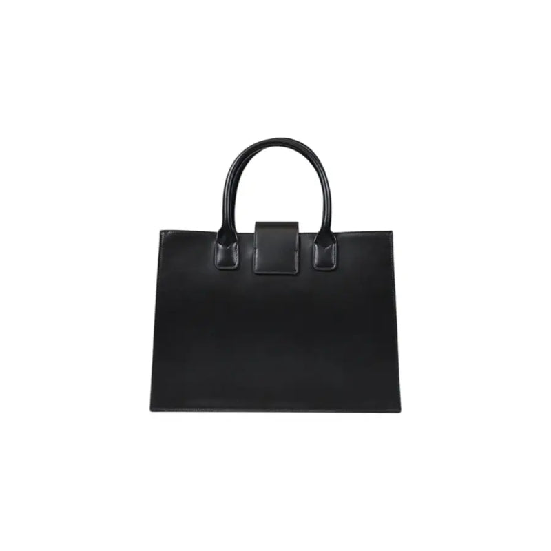 Armani Exchange black leather tote handbag with rounded top handles flap closure and detachable shoulder strap