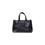 Armani Exchange black leather tote bag with embossed logo pattern and metallic clasp with shoulder strap