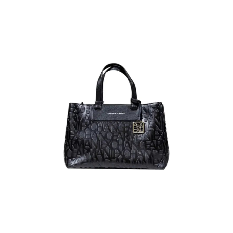 Armani Exchange black leather tote bag with embossed logo pattern and metallic clasp with shoulder strap