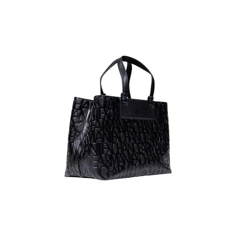 Armani Exchange black leather tote bag with shoulder strap and embossed repeating lettering pattern