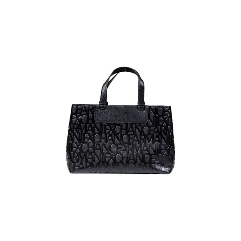 Armani Exchange black handbag tote bag with embossed logo pattern and textured leather handles with shoulder strap
